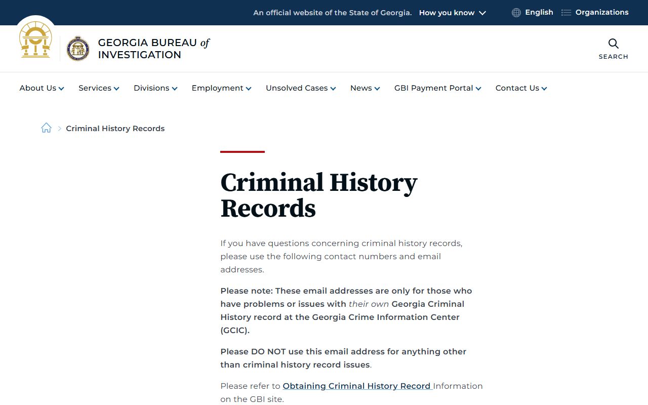 Georgia criminal history records contact page