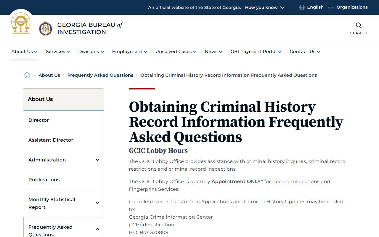 Georgia criminal history FAQ page for arrest records