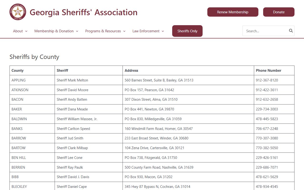 Georgia sheriffs by county directory for arrest records